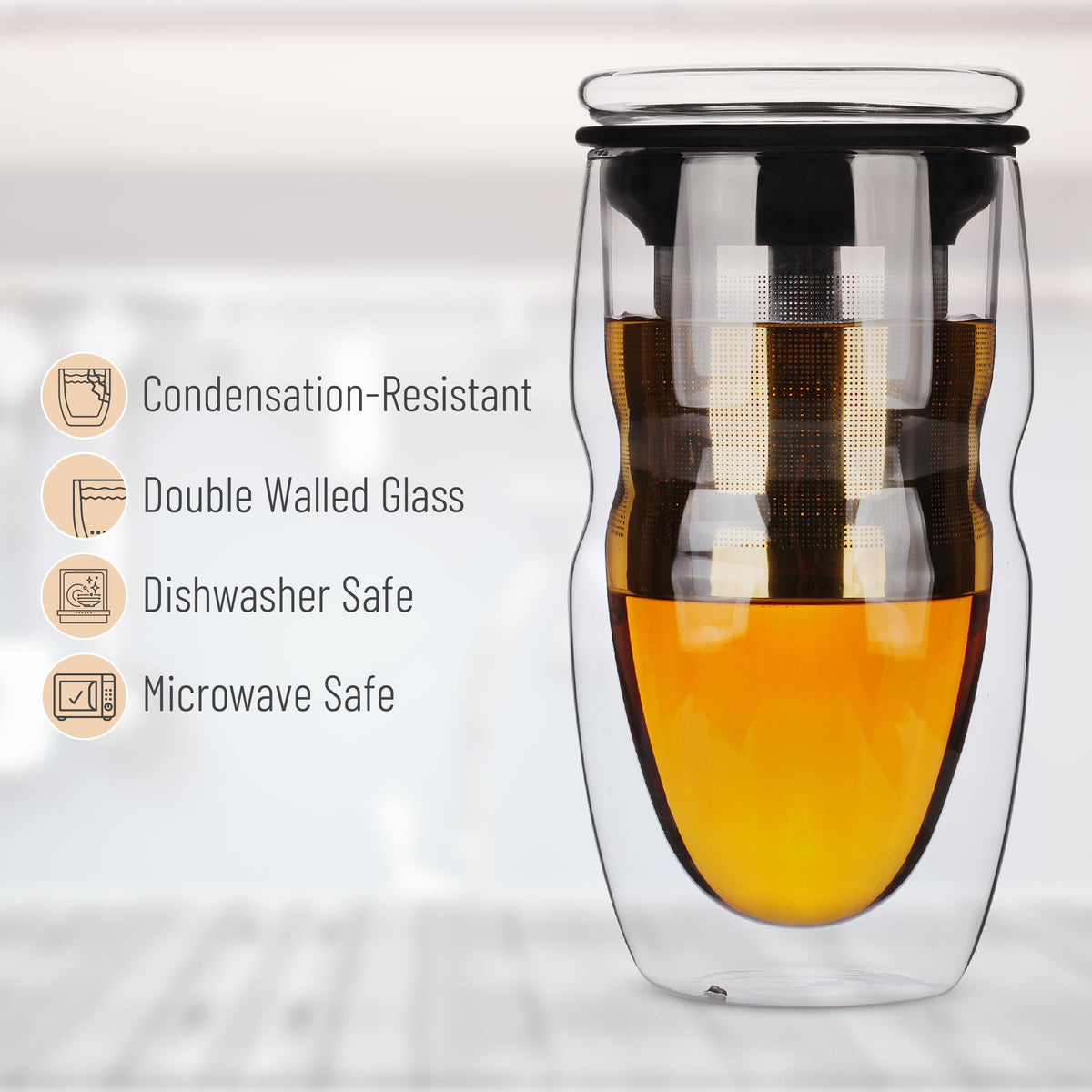 Double Wall Glass Tea Cup with Stainless Steel Infuser and Lid, 16 oz, 2 Pack I97106