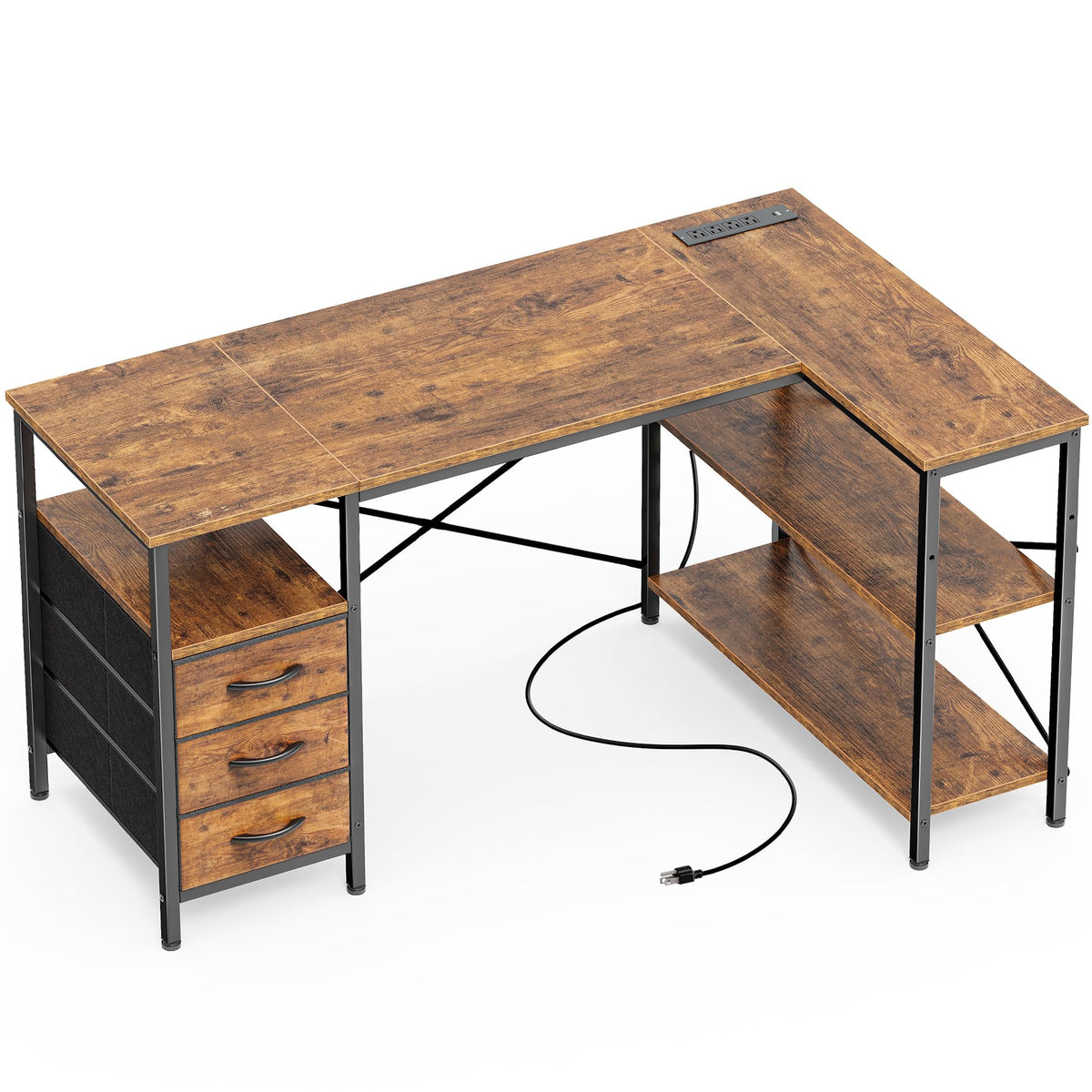 L Shaped Office Desk with Power Outlets & 3 Drawers W948