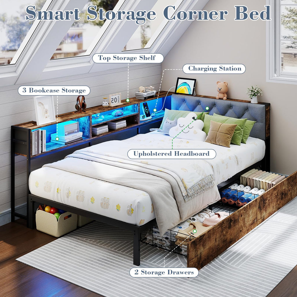 Twin Size Corner Bed Frame with Storage and Headboard Y670