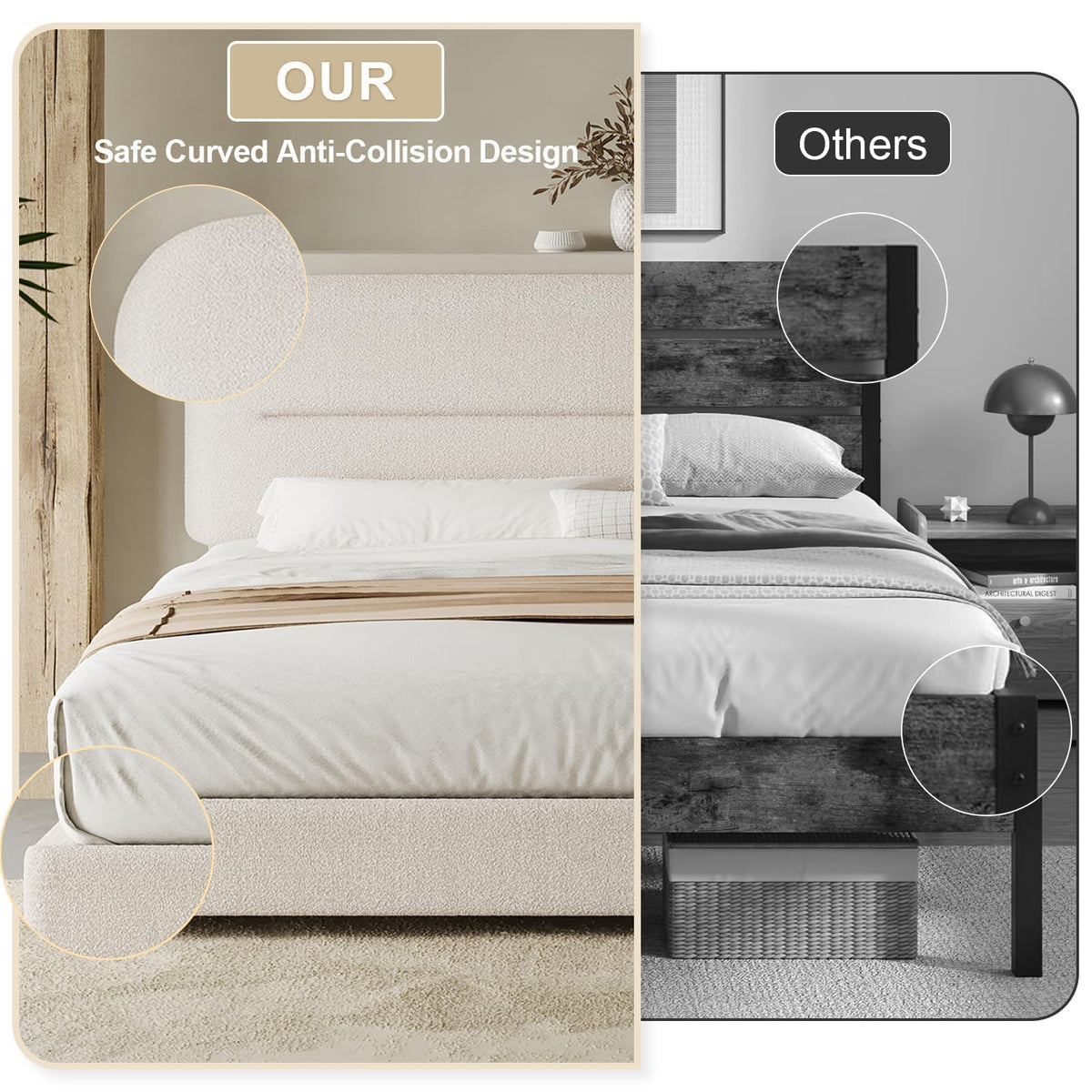 Cream Boucle Upholstered Queen Platform Bed D888