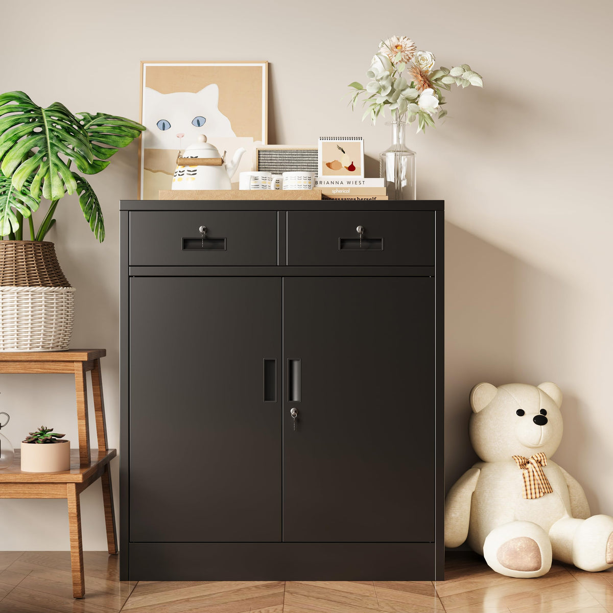 36" H Black Metal Storage Cabinet with 2 Drawers M2930