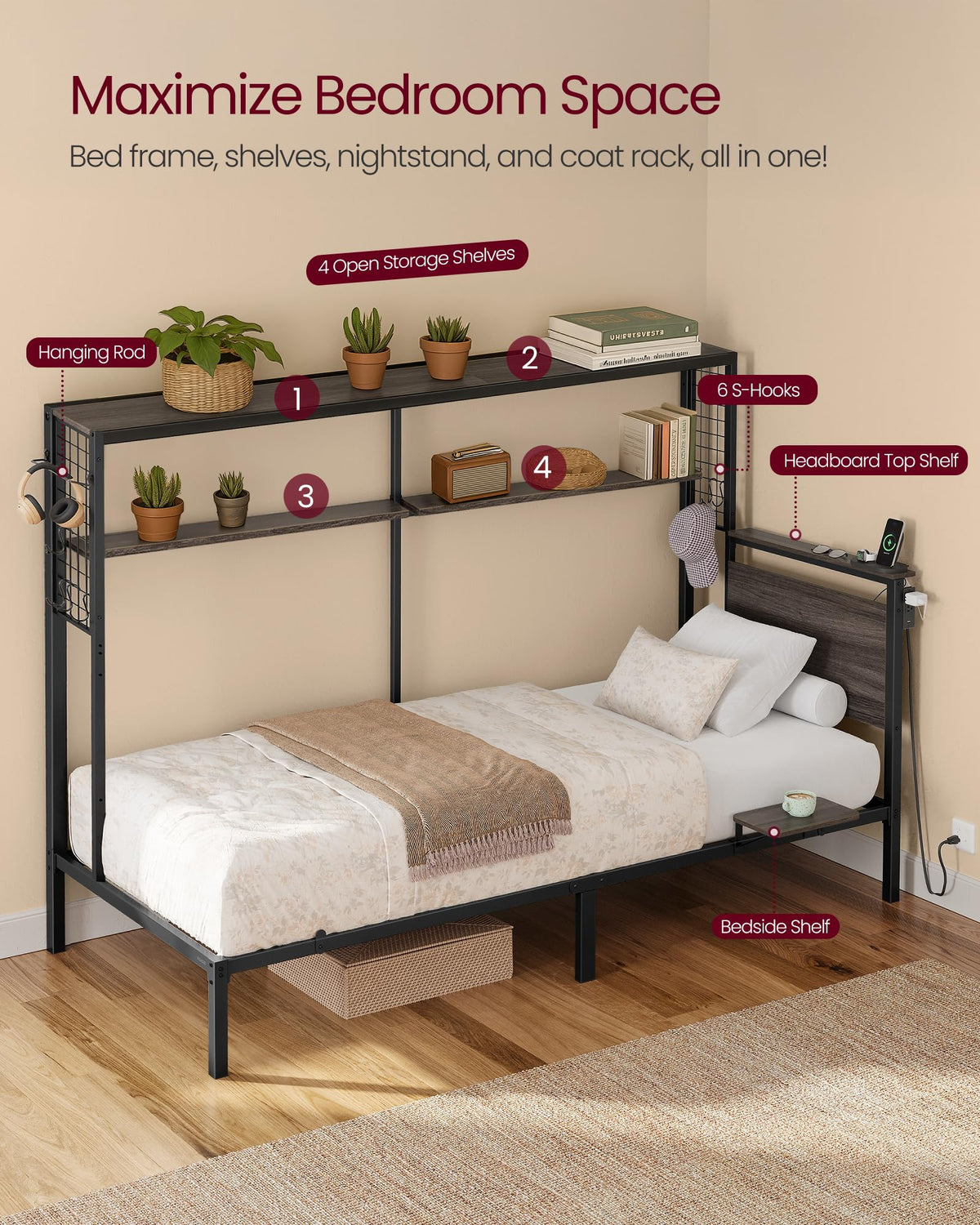 Twin Size Metal Bed Frame with Headboard S369845