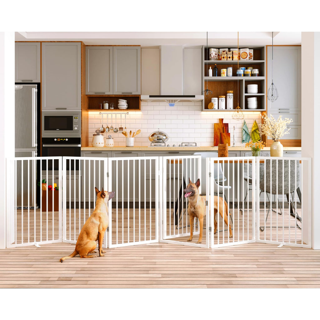 120" x 32" Foldable Freestanding Extra Wide Dog Gate with Door, White V1971