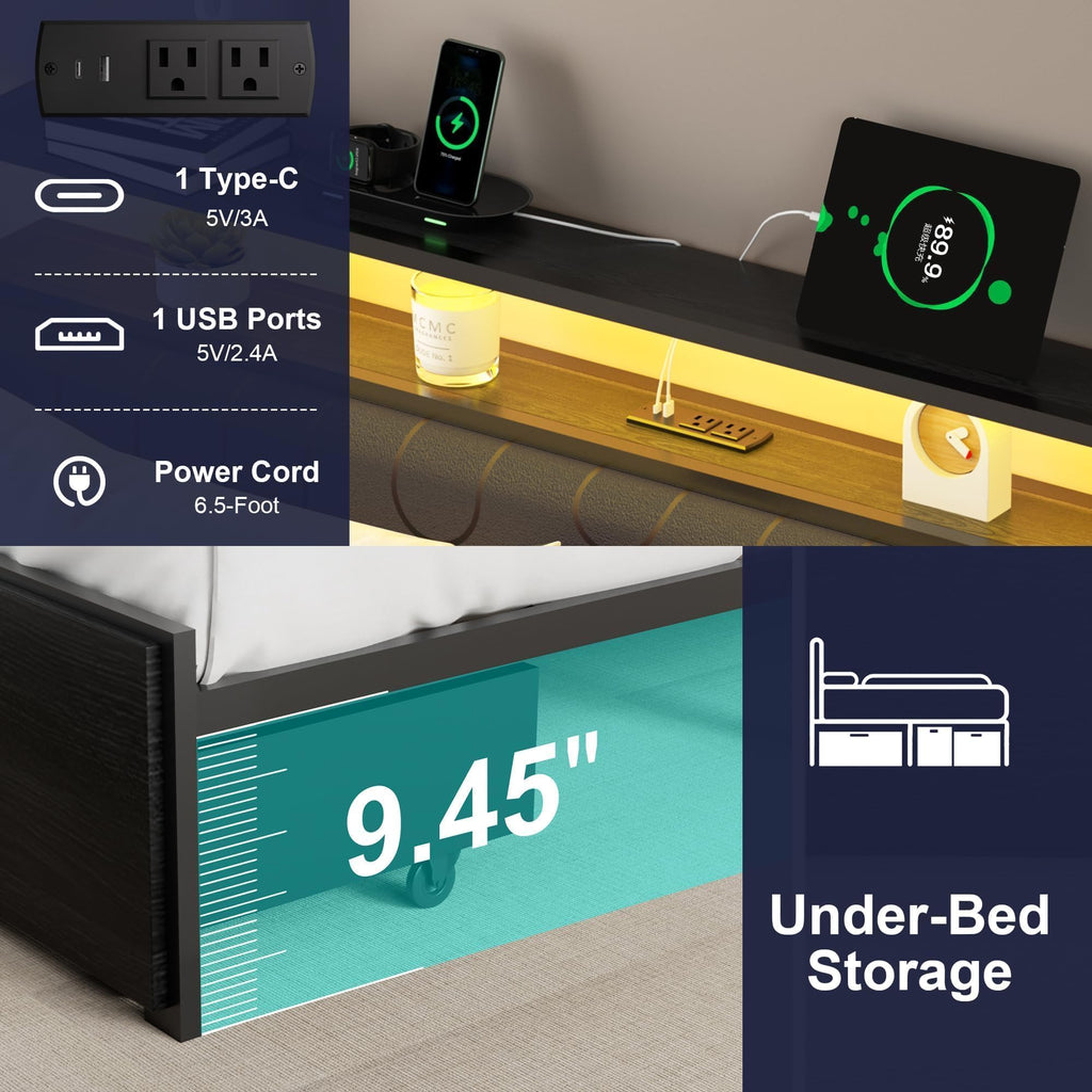 Full Bed Frame with 2 Drawers, LED Lights and Charging Station E5696