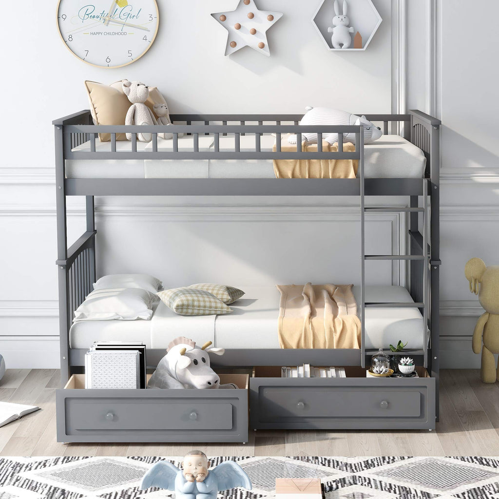 Grey Convertible Wood Twin-Over-Twin Bunk Bed with Storage Drawers and Ladder T538