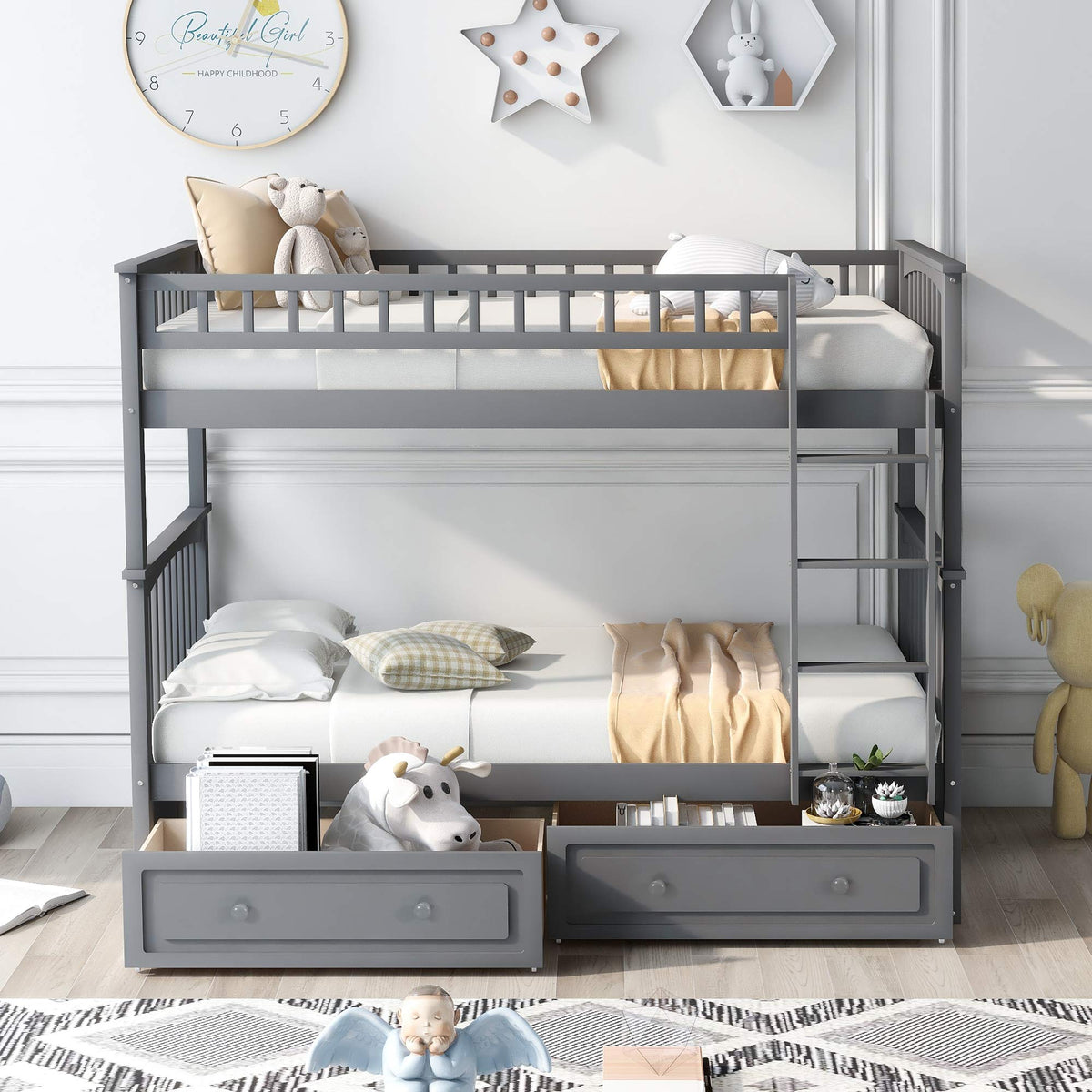 Grey Convertible Wood Twin-Over-Twin Bunk Bed with Storage Drawers and Ladder T538