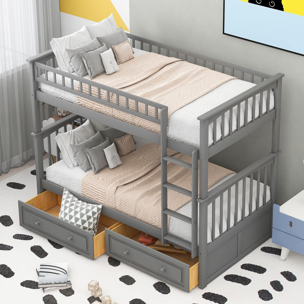 Grey Convertible Wood Twin-Over-Twin Bunk Bed with Storage Drawers and Ladder T538
