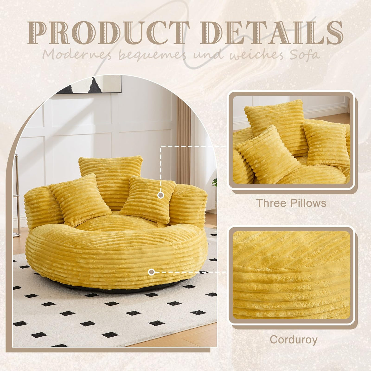 Oversized Corduroy Bean Bag Chair with 3 Pillows I3981