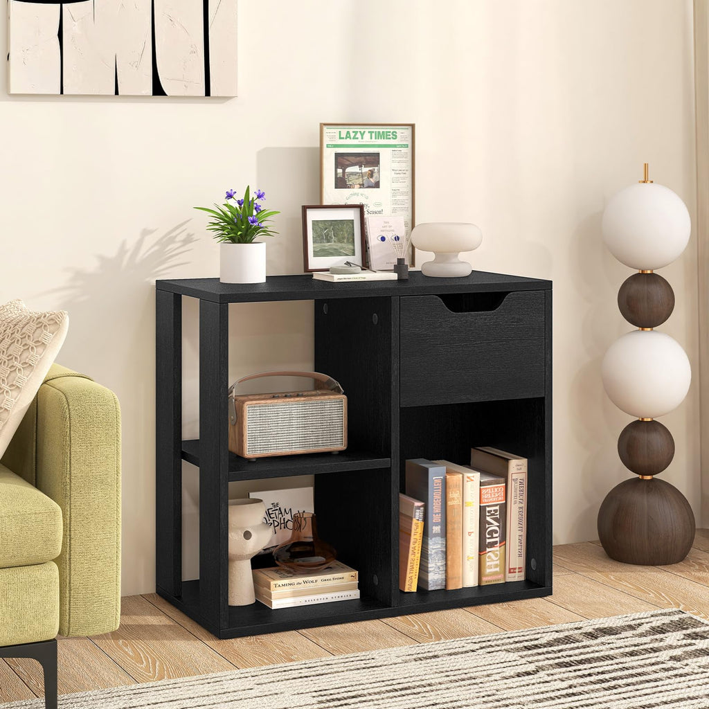 3 Cube Black Bookcase with Drawer K371
