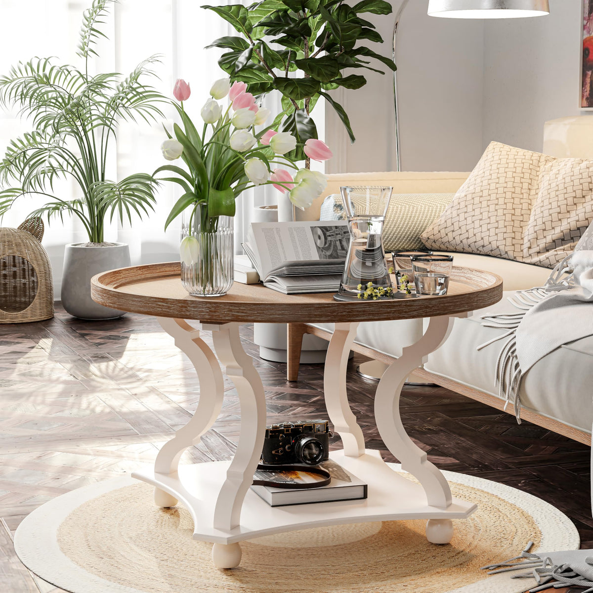 Round White Coffee Table with Tray Top G4925