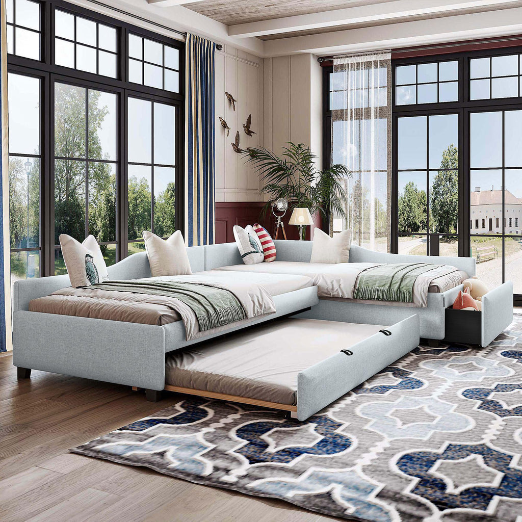 Beige Linen Upholstered Double Twin Size Daybed with Trundle and Drawer T292