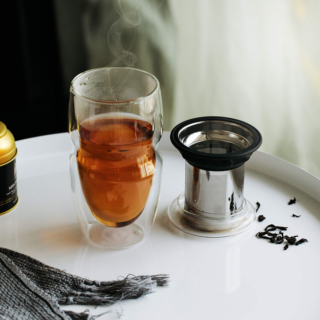 Double Wall Glass Tea Cup with Stainless Steel Infuser and Lid, 16 oz, 2 Pack I97106