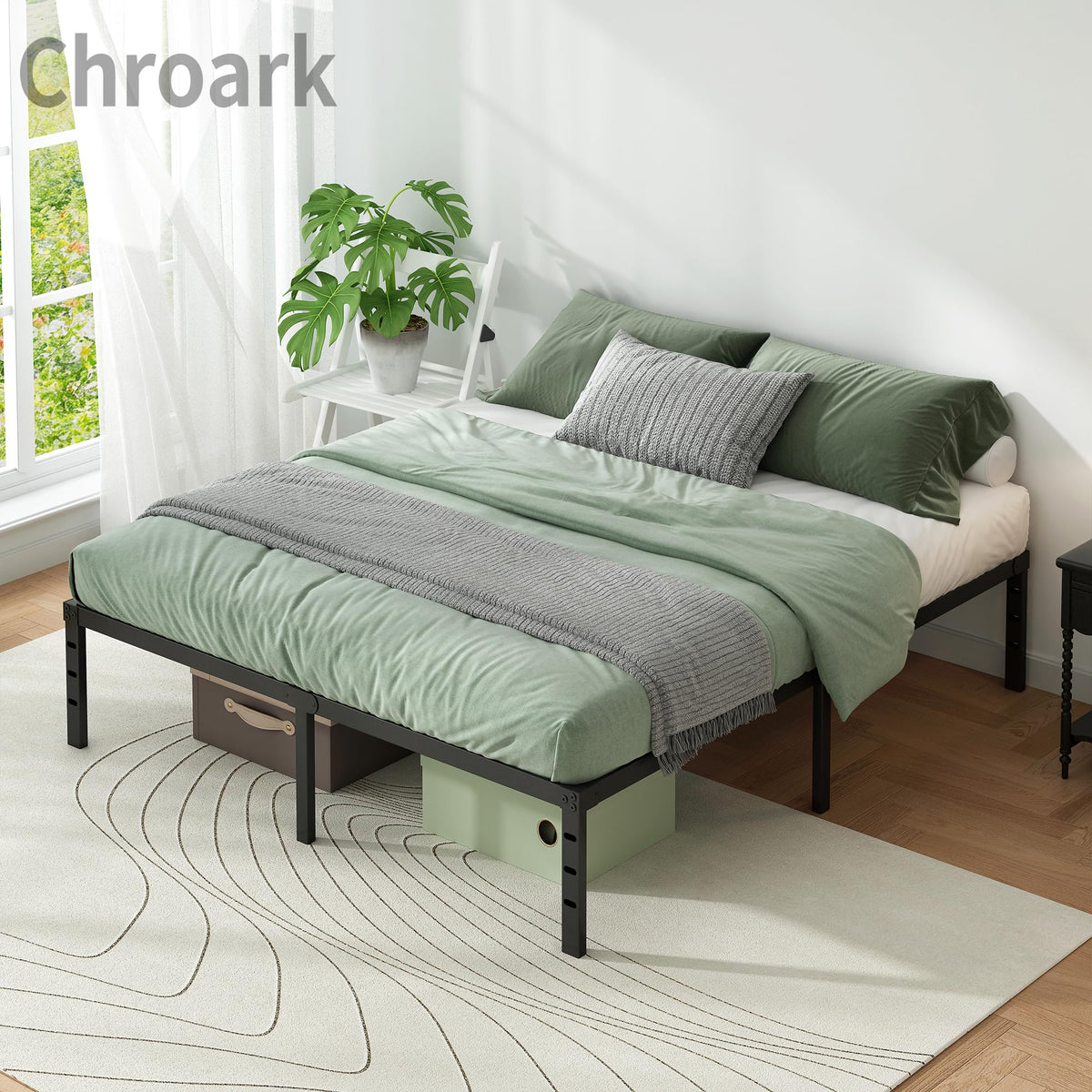 Black Metal Platform Bed Frame Full Size, 18 Inch Height with Underbed Storage V3820