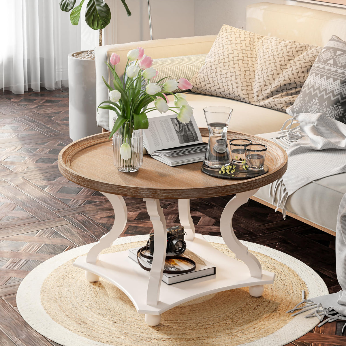 Round White Coffee Table with Tray Top G4925
