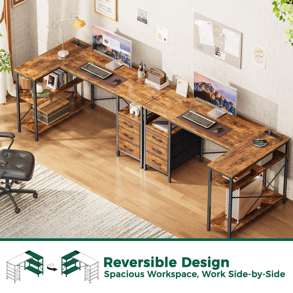 L Shaped Office Desk with Power Outlets & 3 Drawers W948