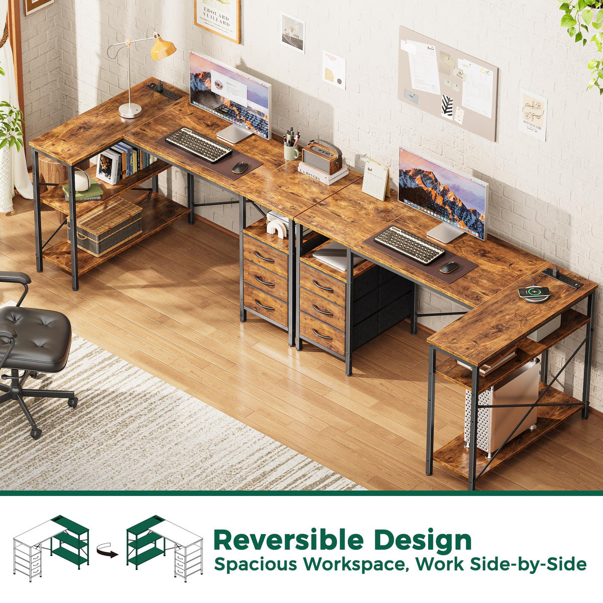L Shaped Office Desk with Power Outlets & 3 Drawers W948