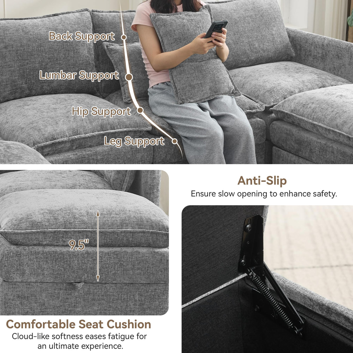 Light Grey Chenille 2 Seater Loveseat Sofa with Storage B360