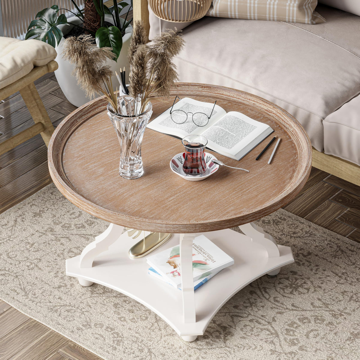Round White Coffee Table with Tray Top G4925