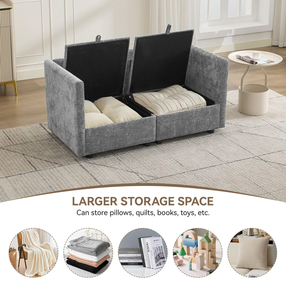 Light Grey Chenille 2 Seater Loveseat Sofa with Storage B360