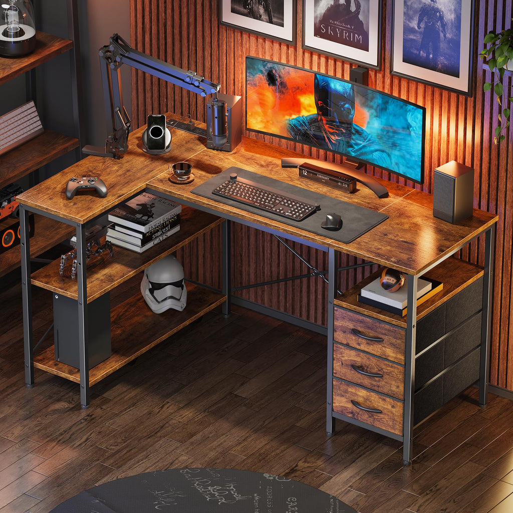 L Shaped Office Desk with Power Outlets & 3 Drawers W948