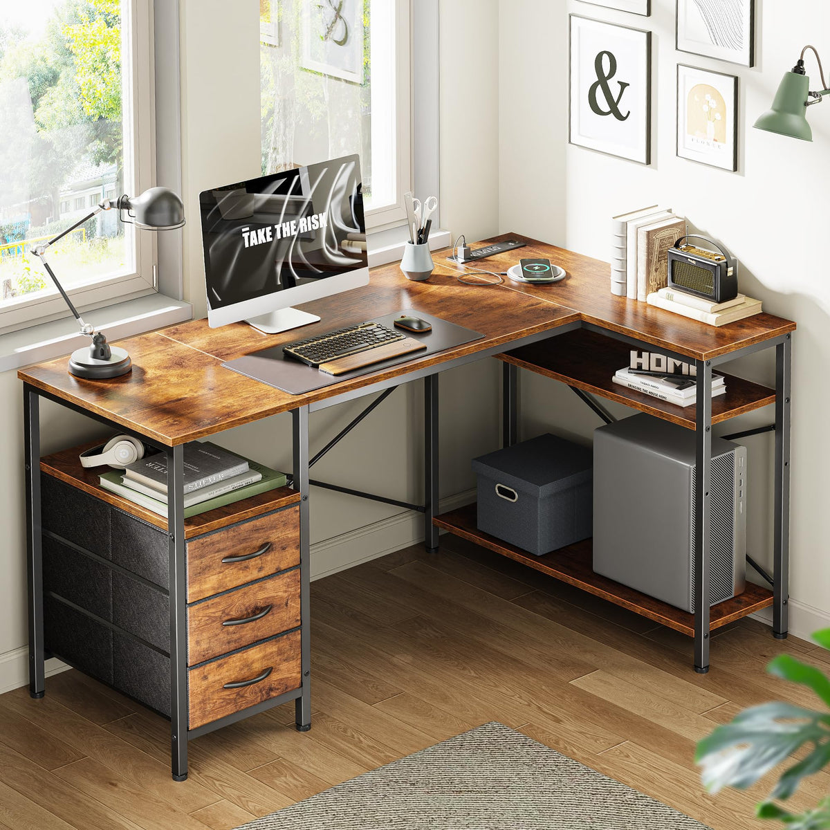 L Shaped Office Desk with Power Outlets & 3 Drawers W948