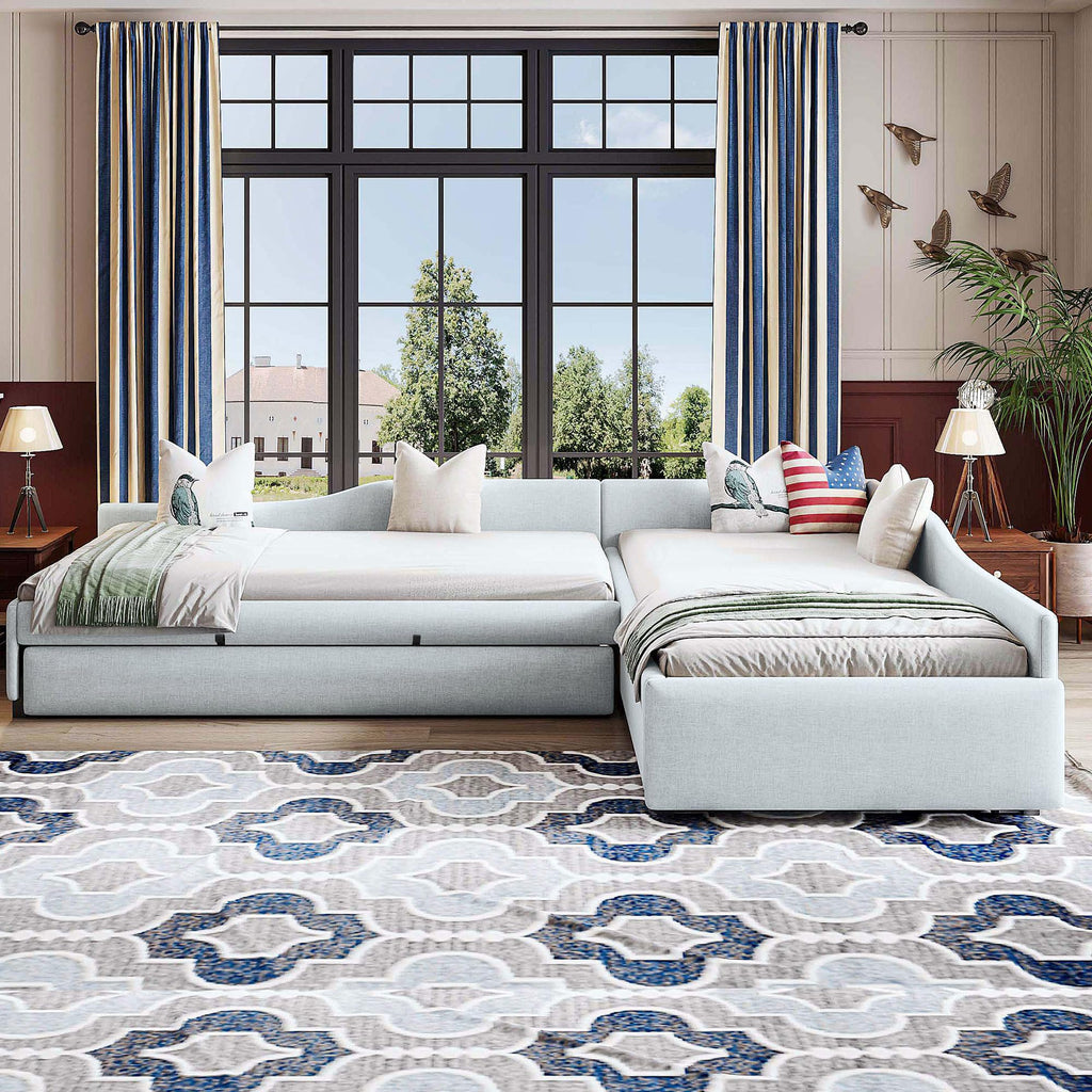 Beige Linen Upholstered Double Twin Size Daybed with Trundle and Drawer T292