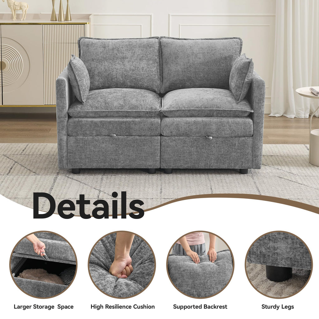 Light Grey Chenille 2 Seater Loveseat Sofa with Storage B360