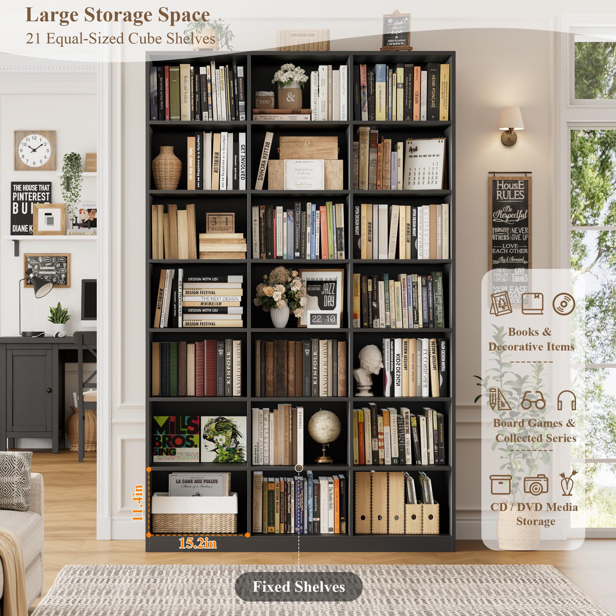 86" Triple Wide Black Bookshelf and Bookcase Q801164
