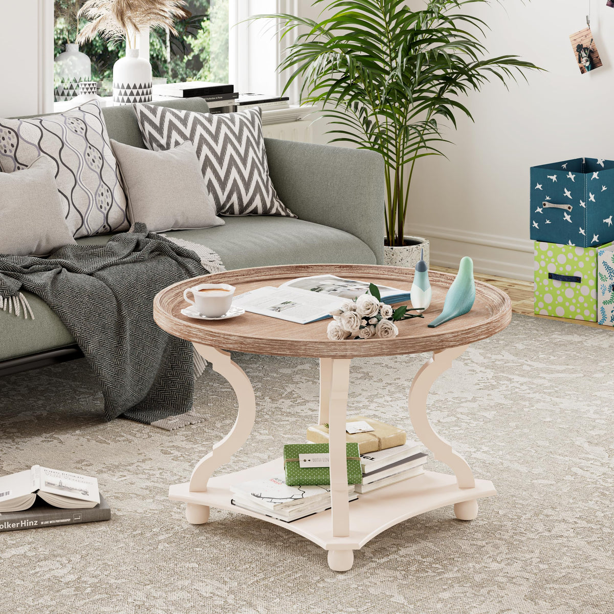 Round White Coffee Table with Tray Top G4925