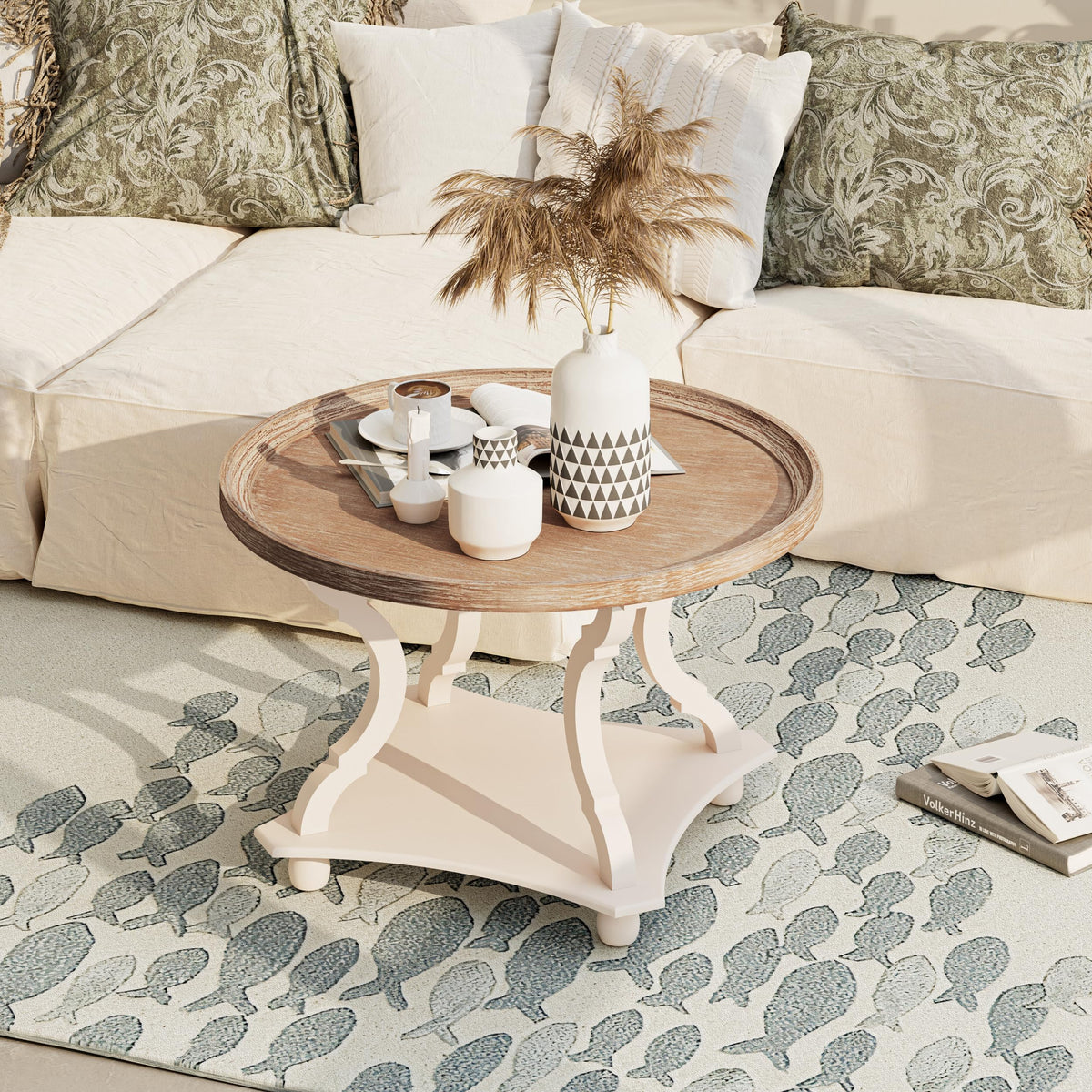 Round White Coffee Table with Tray Top G4925